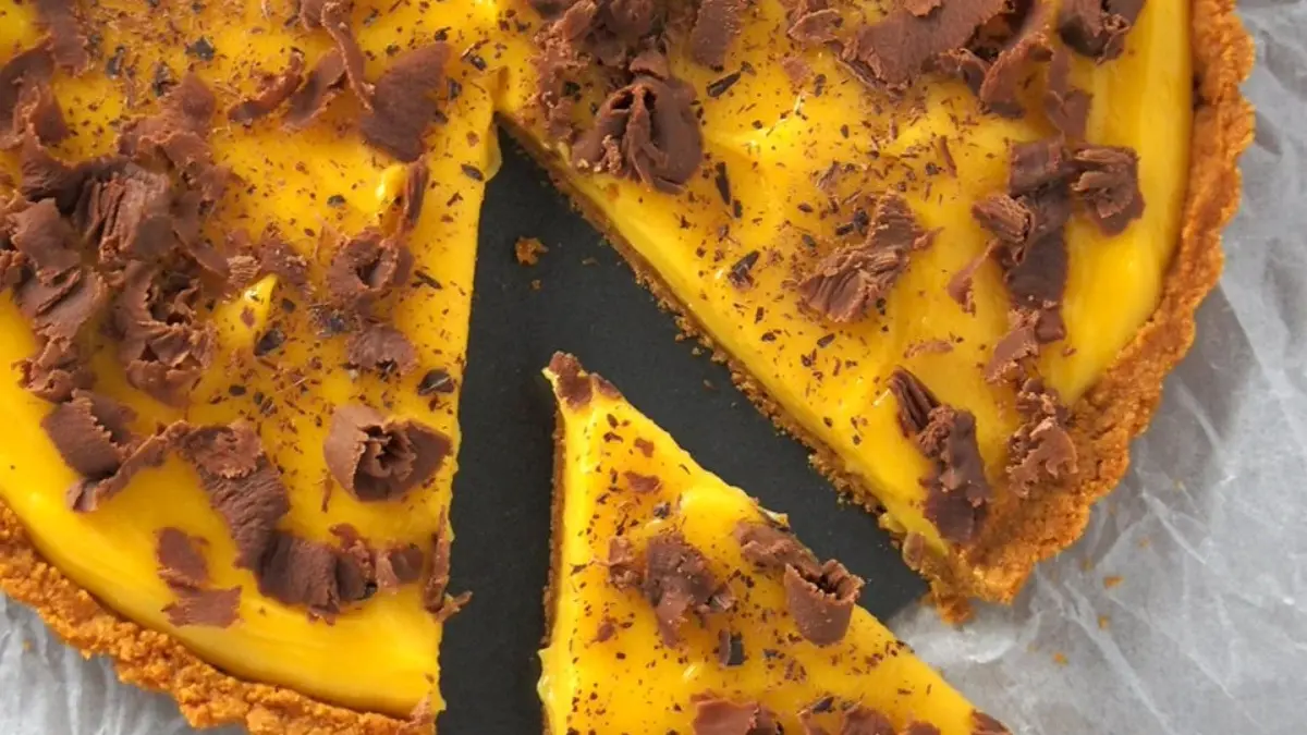 Image showing Mango Tart with Chocolate Curls 