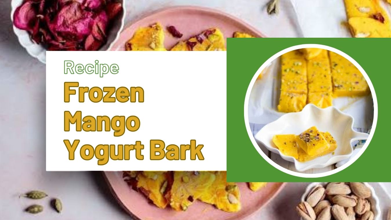 Frozen Mango Yogurt Bark Recipe made with creamy Greek yogurt, fresh mango, and healthy toppings
