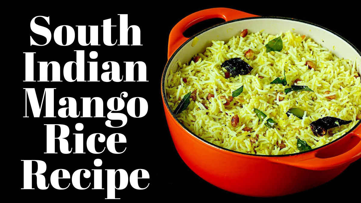 South Indian Mango Rice Recipe made with raw mango, rice, spices, curry leaves, and roasted peanuts
