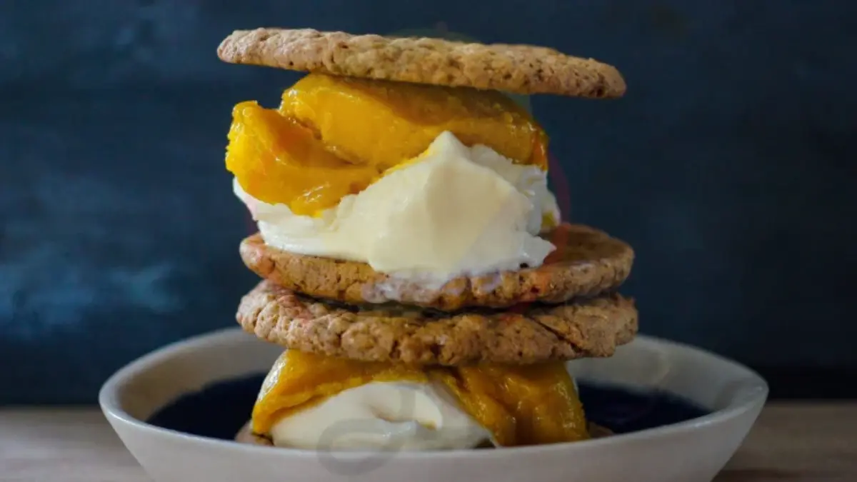 Image sowing Oat cookie mango and coconut ice cream sandwiches